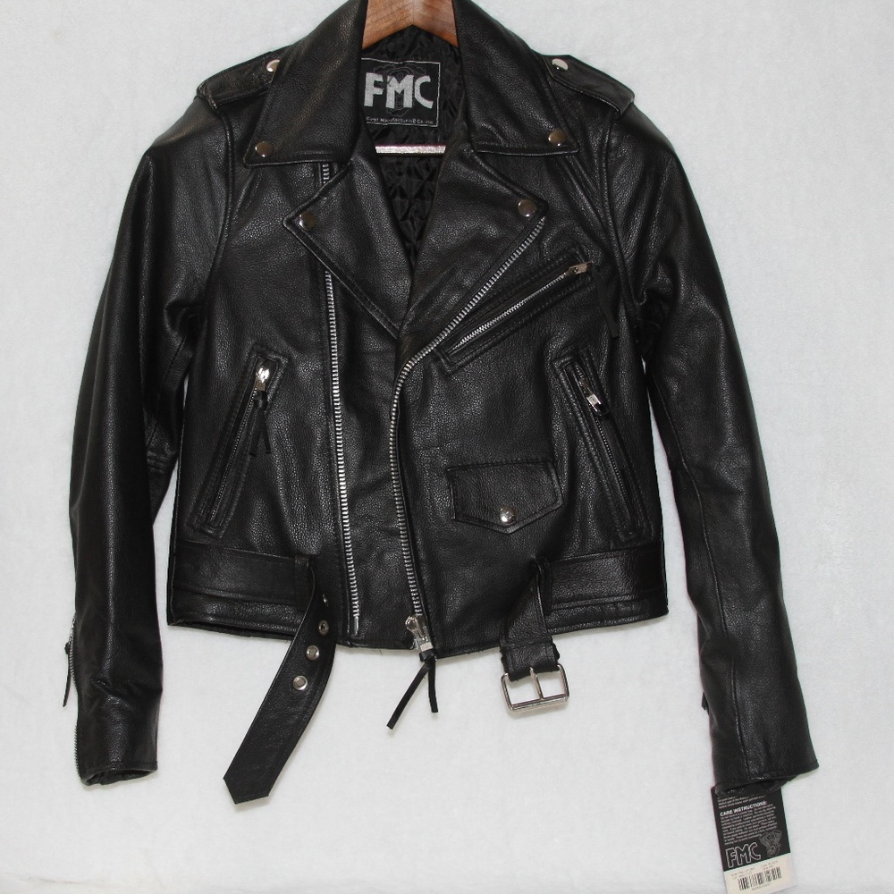NWT FMC Black Leather Motorcycle Biker Jacket XS
